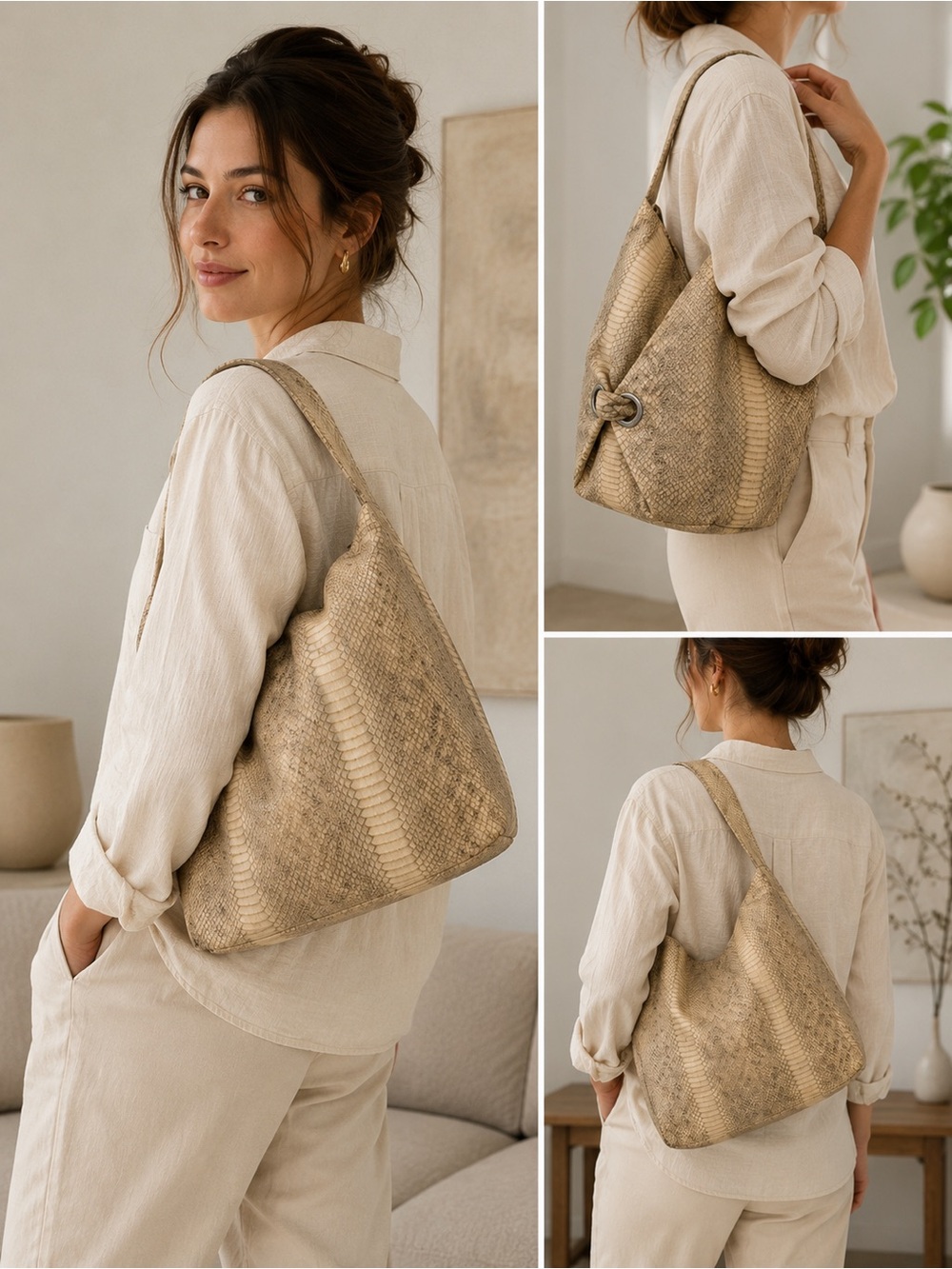 Neutral Snake-Embossed Hobo Tote Bag 9,5/13in